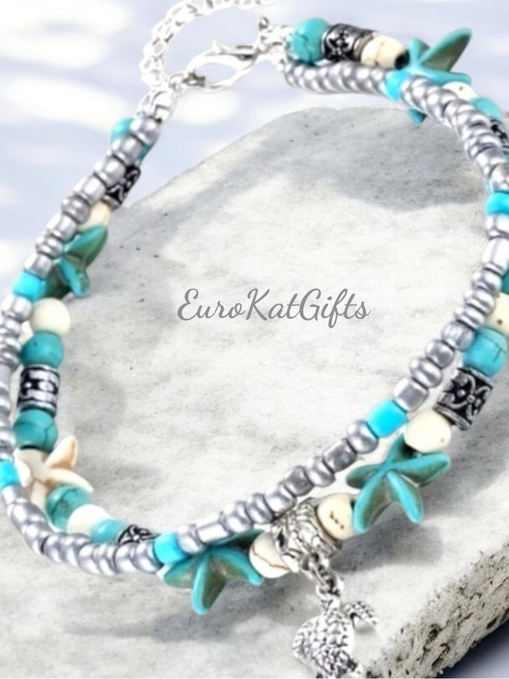 NWT Turquoise Starfish Turtle Charm Beaded Ankle Bracelet Layered NEW